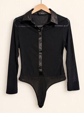 AKIRA Black Sheer Mesh Satin Trim Long Sleeve Bodysuit – Size Medium